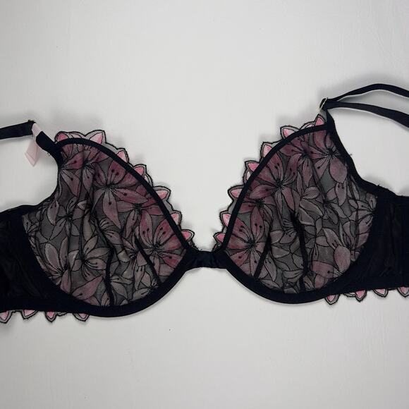 Victoria's Secret Very Sexy Low Cut Demi Black Pink Unlined Appliqué Bra 38C - Picture 4 of 7